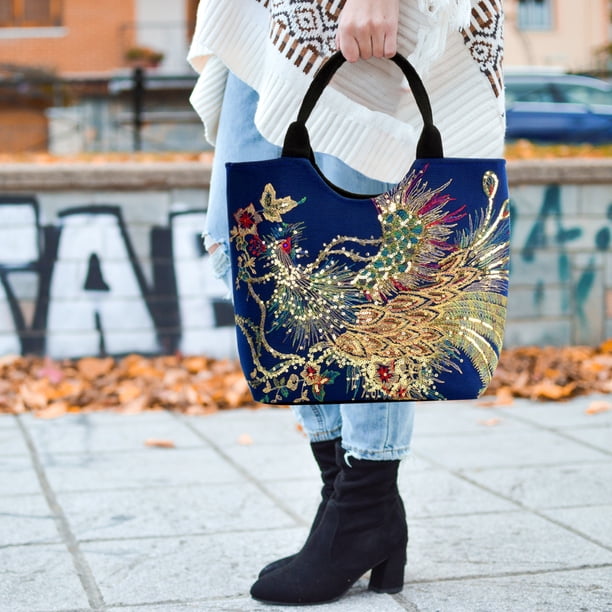 Bolsa Mujeres étnicas Peafowl Bordado Messenger Bag Canvas Bead Bolsos (B Azul) JShteea Para Estrenar