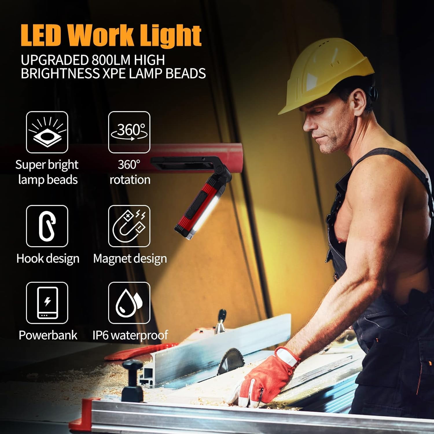 LED Magnetic Torch, Portable Foldable Flashlight Inspection Lamp Rechargeable Work Light, 360° Rotating Hook and 270° Folding Magnet Base Super Bright Torches for Repair, Emergency and Camping