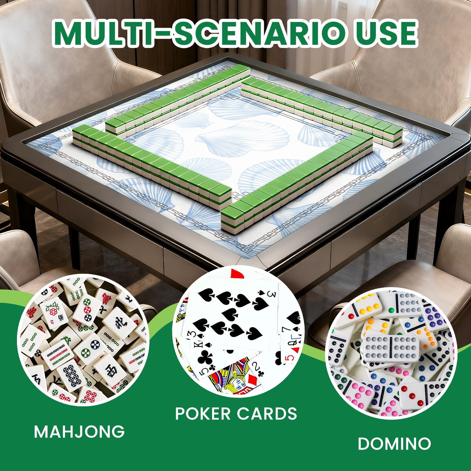 Mahjong Mat 31.5" x 31.5" Blue Seashell Minimal Coastal Line Art Style Non-Slip Noise Reduction American Mahjong Tiles Table Cover for Dominoes Poker Card Board Games Gift