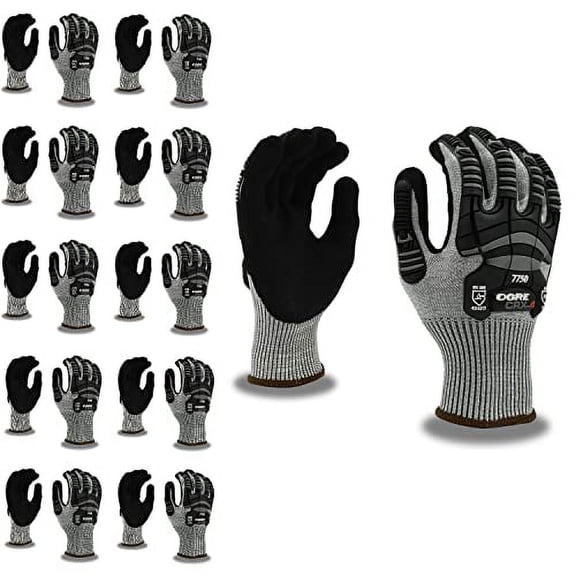 10-Pack of Cordova 7750M OGRE Crx-4 Work Gloves, 13G Dark Gray Crx Fiber (No Glass Or Steel), Black Sandy Nitrile Palm Coating, Sonic Welded TPR, ANSI Cut Level A4, Medium