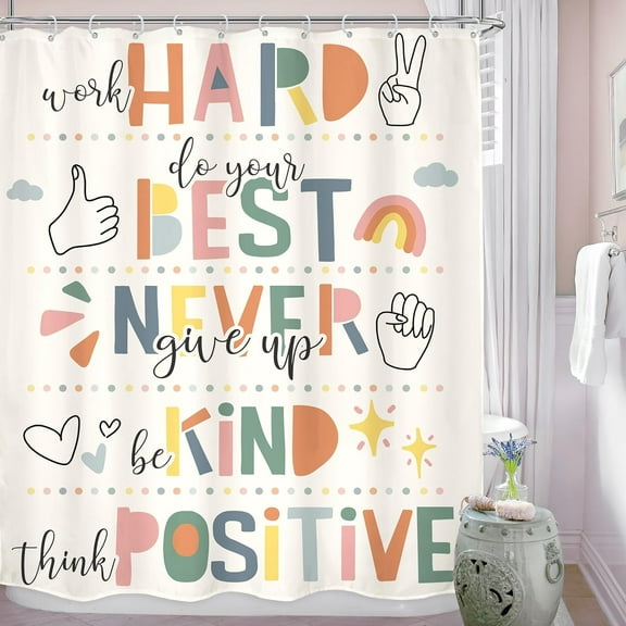Kids Inspirational Quotes Shower Curtain Bathroom Set 72Wx72H Inches Funny Cartoon Cute Colorful Motivational Words Rainbow Dots Bath Accessories Classroom Art Home Decor Fabric 12 Pack Hooks