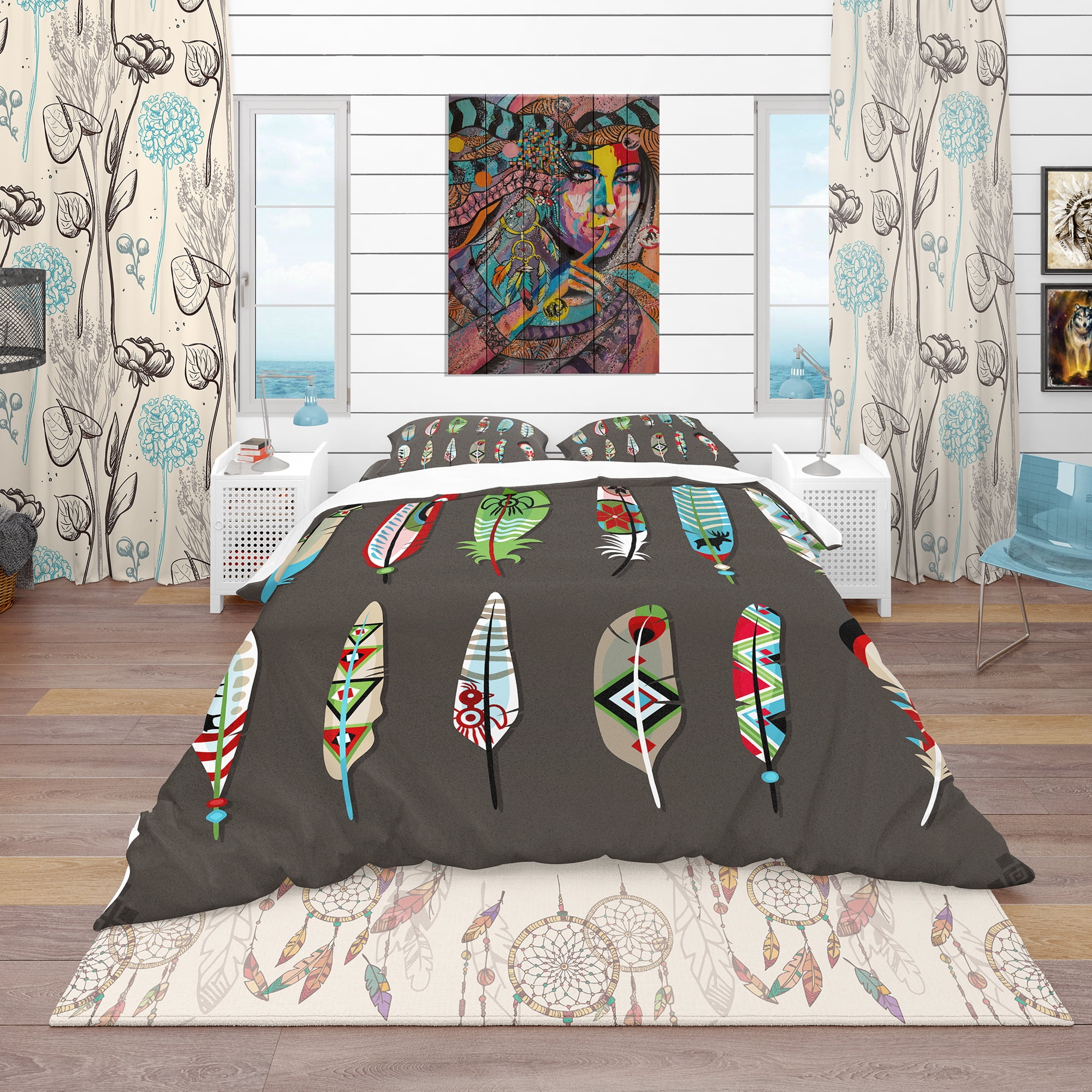 Designart 'Feathers Painted with Colorful Ethnic Pattern' Southwestern Duvet Cover Set