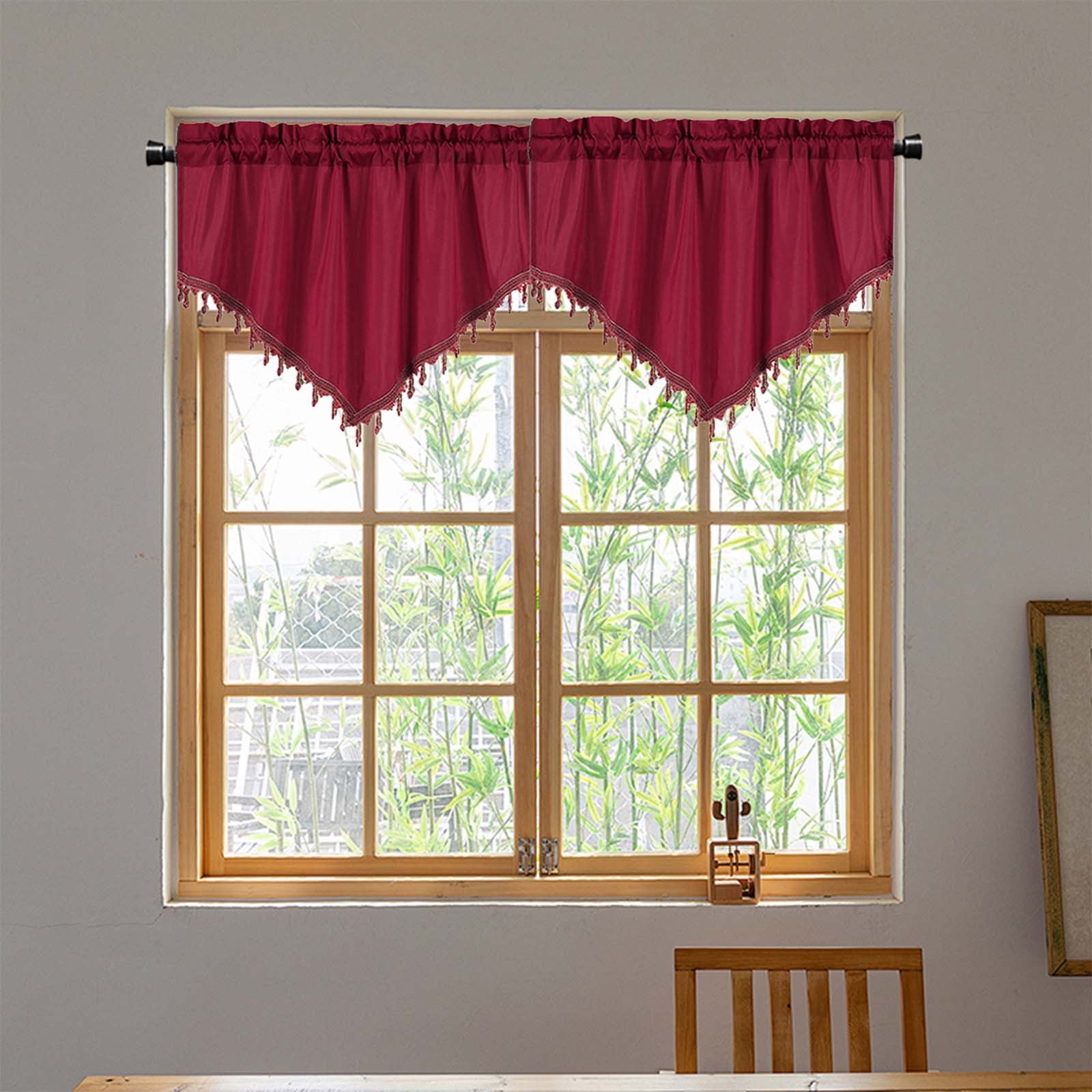 Beaded Triangle Sheer Valance Curtains for Living Room, Rod Pocket Farm Window Valance, Bead Trim Tassel Voile Sheer Curtain Valance for Bedroom Bathroom Cafe