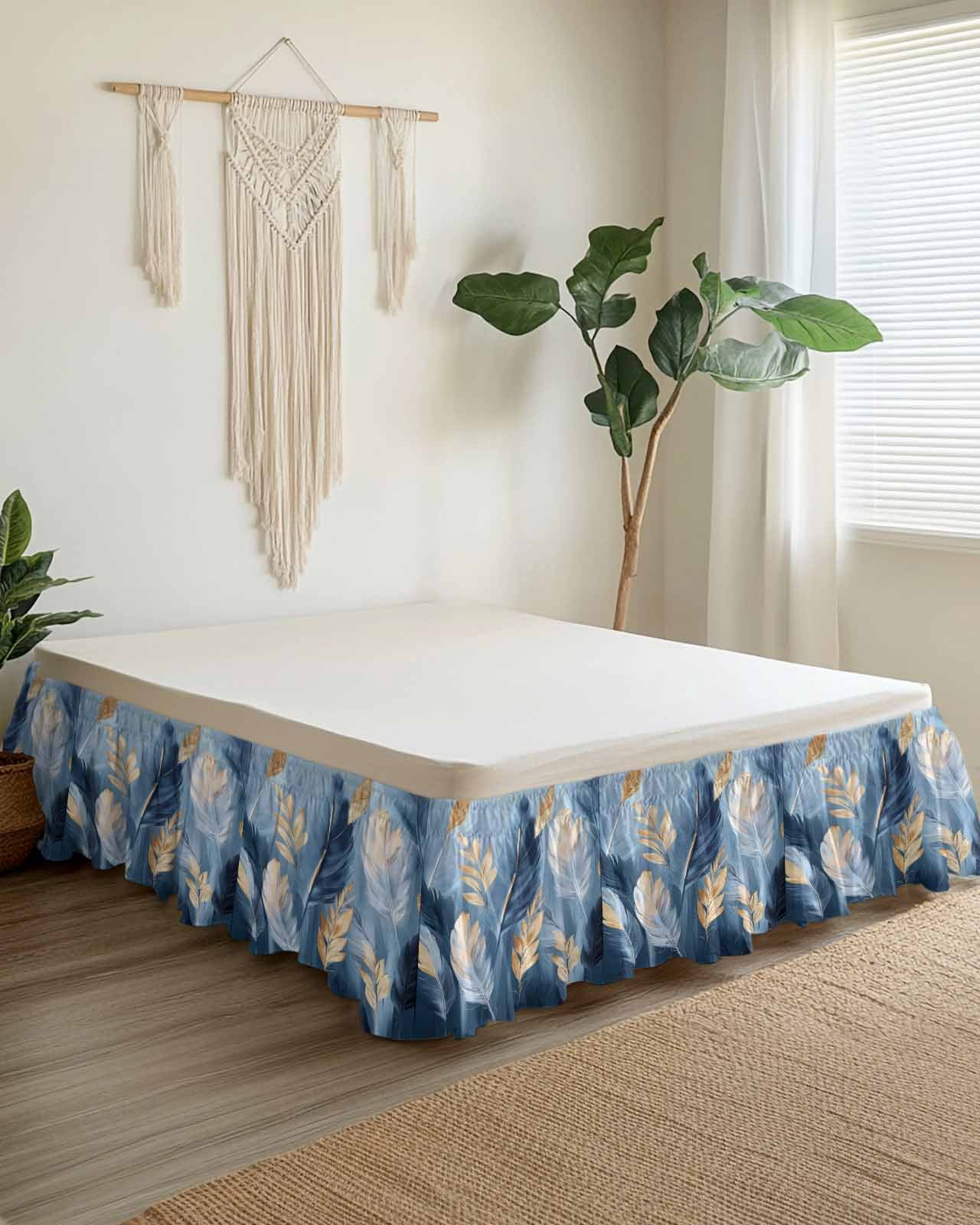 Blue Gold Feather Wrap Around Bed Skirts for Queen Bed 16" Drop,Bed Skirt with Adjustable Elastic Belt Dust Ruffle Bed Valance for Bedroom Hotel Modern Oil Painting Gradient White Bed Frame Cover