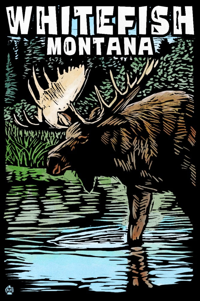 Whitefish, Montana, Moose, Scratchboard (9x12 Wall Art Print, Home Decor)