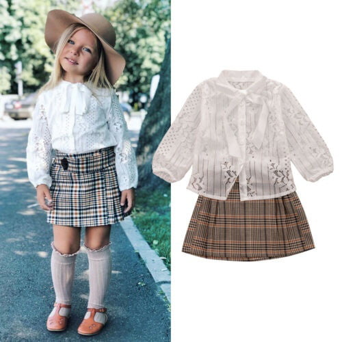 2pcs Toddler Kids Baby Girls Lace tops long sleeve dresses Kids Clothes Set 