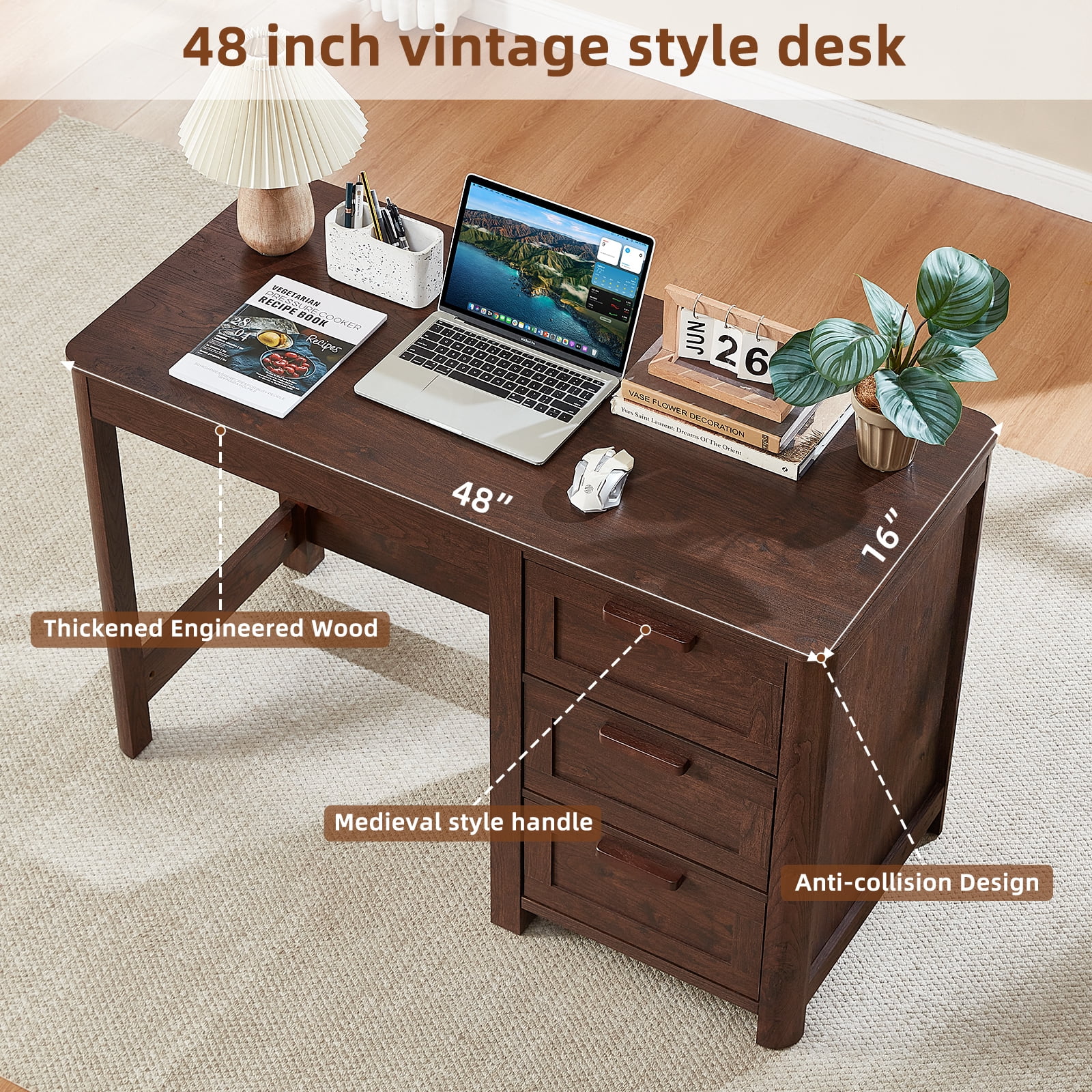 Joaxswe 48" Computer Desk with 3 Drawers, Wood Home Office Desk, Farmhouse PC Desk for Study, Bedroom, Walnut