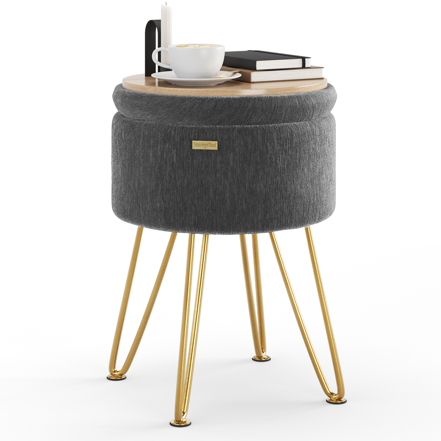 LammaLoe Small Round Ottoman with Storage, Textured Velvet Ottoman Foot Stool with Lid, Upholstered Vanity Stool for Living Room & Bedroom, Gray