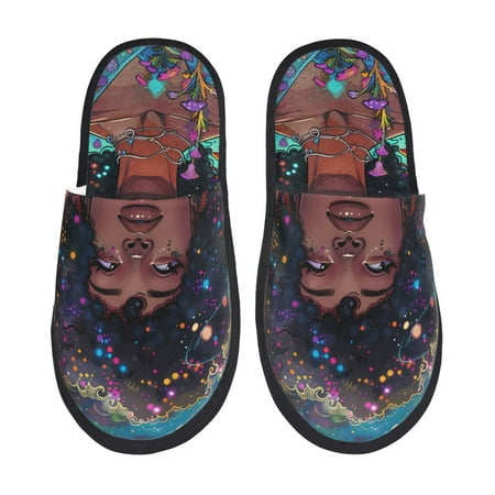 

Honeii Cosmic Garden Woman Portrait Print Furry Slippers Bedroom Slippers for Women and Men Fuzzy Plush Comfy Faux Fur Lined Slide Shoes -Medium