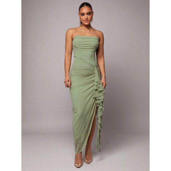 Green Strapless Ruched Maxi Dress With Asymmetrical Ruffle Side Slit Elegant Evening Gown