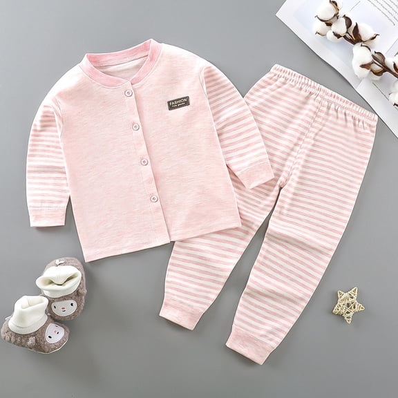 PInxai Kids Clothes Fall Comfy Casual 2 Piece Sets Striped Long Sleeve Button down Tops Elastic Waisted Pants Thermal Underwear Outfits,Pink,12 Months