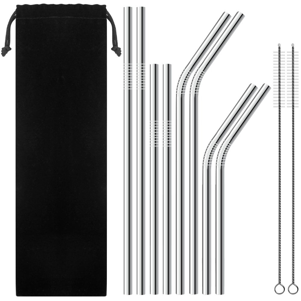 6 Pack Black metal Stainless Steel Drinking Straws 8" Cleaning Brush Bent 