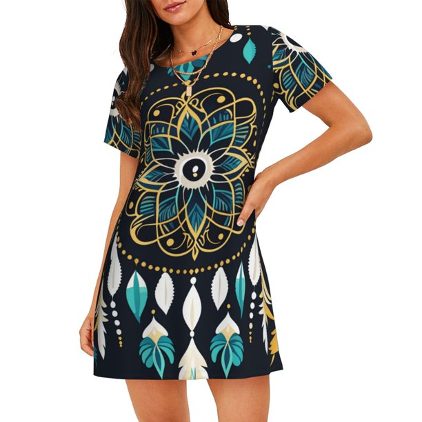 Balery Boho Dreamcatcher Camisón de manga corta con cuello redondo para mujer, cómodo y elegante.