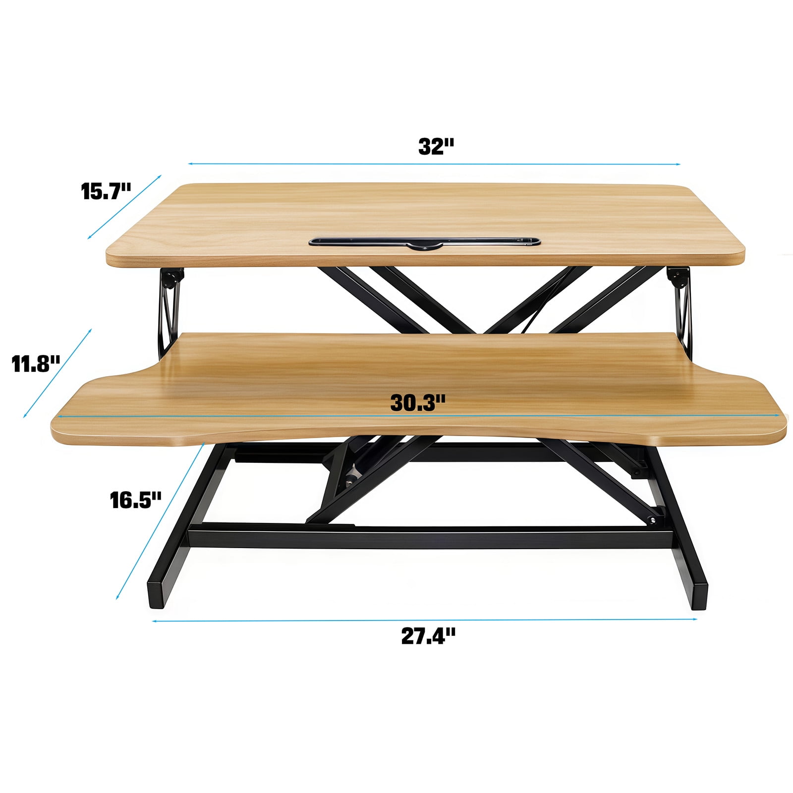 Standing Desk Converter, 32 Inch Standing Desk Adjustable Height for Table Tops and Home Office, Desk Riser Computer Workstation with Wide Keyboard Tray 2-Tier Desktop, Natural Wood