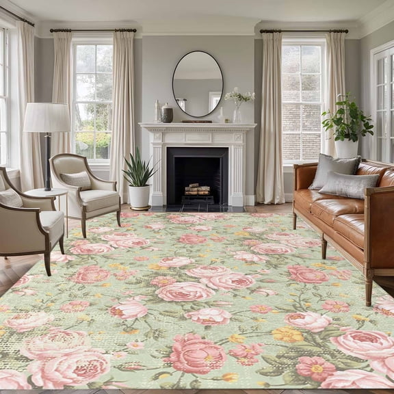 Area Rug for Living Room, Pink Flowers Non-Slip Indoor Large Carpet for Bedroom/Dining Room, Green Country Botanical Floral Leaves Washable Low-Profile Rectangle Floor Runner Rugs - 5 x 7 Ft