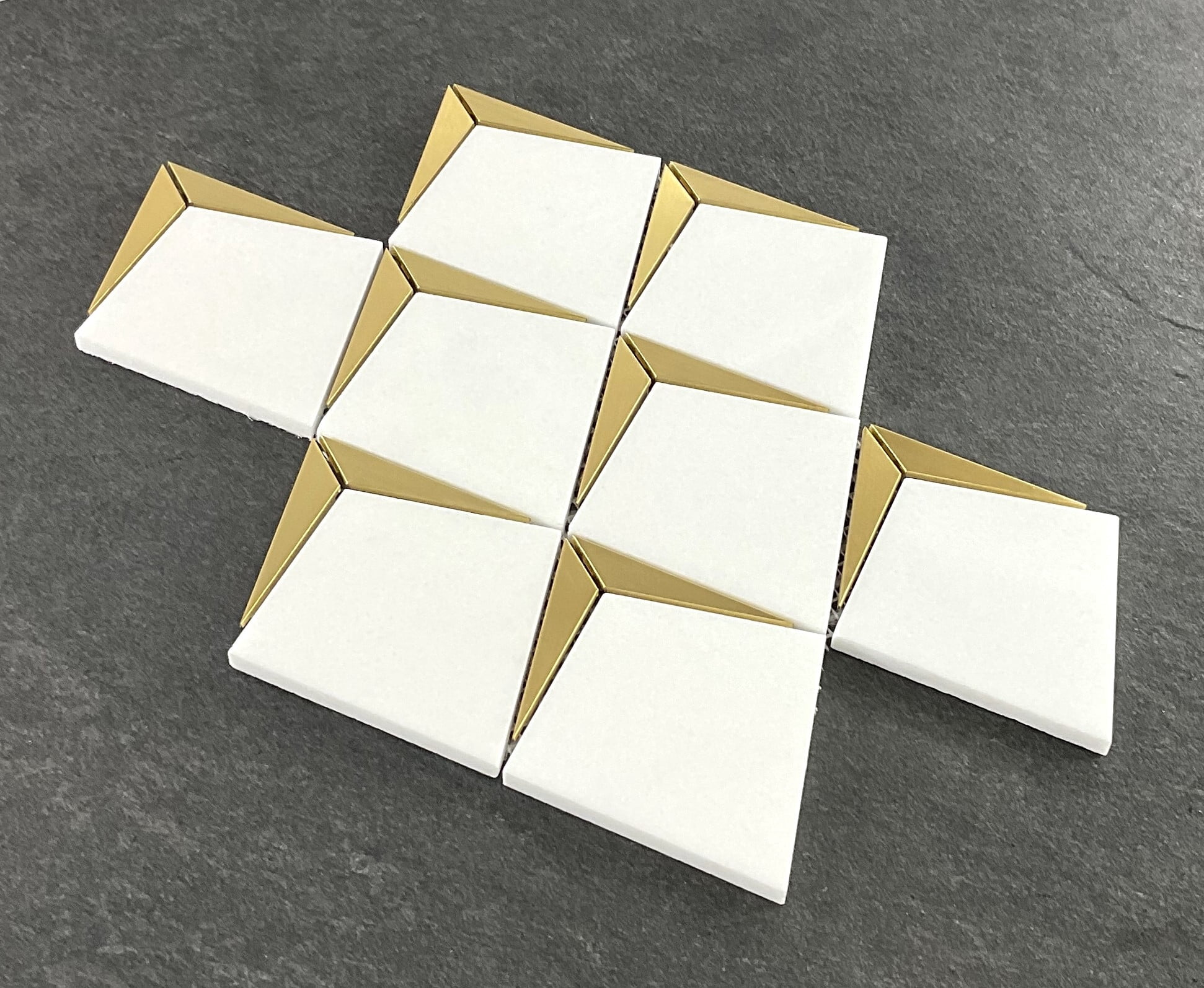 Thassos White Kite Shape With Gold Metal Mosaic Tile - Case (10 Sheets)