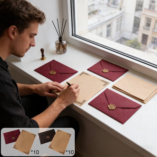 Set vintage de papelería de lino, sello de cera, papel rayado Kraft • Sobres de papel burdeos • Cartas, invitaciones, tarjetas de felicitación