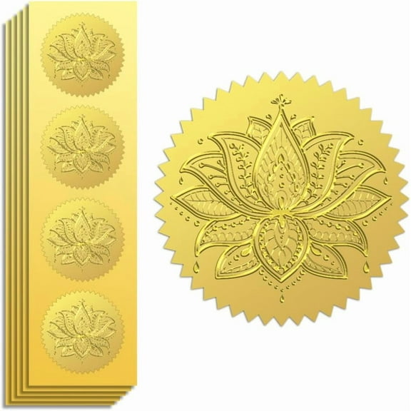 25 Sheet Gold Foil Stickers Seals Official Embossed Bohemian Lotus 2 Inch 100Pcs Self Adhesive Gold Around Embossing Medal Sticker for Certificate Paper Student Reward Award Envelope Seal