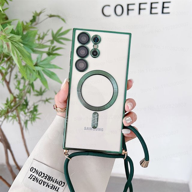 Adjustable Straps With Phone Case For Magsafe For Samsung S23 S22 Ultra S21 FE Soft Rope Lanyard Magnetic Plating Cases Neckband Green For Samsung S23