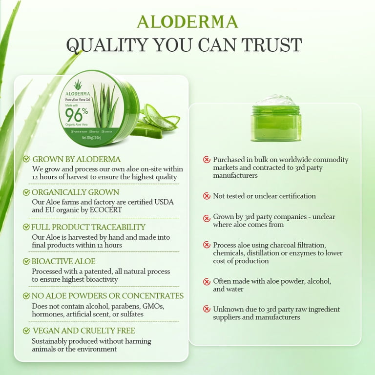 ALODERMA Organic Pure Aloe Vera Gel, 6-Pack, Made with 96% USDA Organic  Certified Aloe Vera within 12 Hours of Harvest (200g, 7.0 oz), Suitable for  All Skin Types  No Sticky Residue