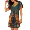 thumbnail image 2 of Balery Sunset Prairie Meditating Horse Camisón de manga corta con cuello redondo para mujer, cómodo y elegante., 2 of 6