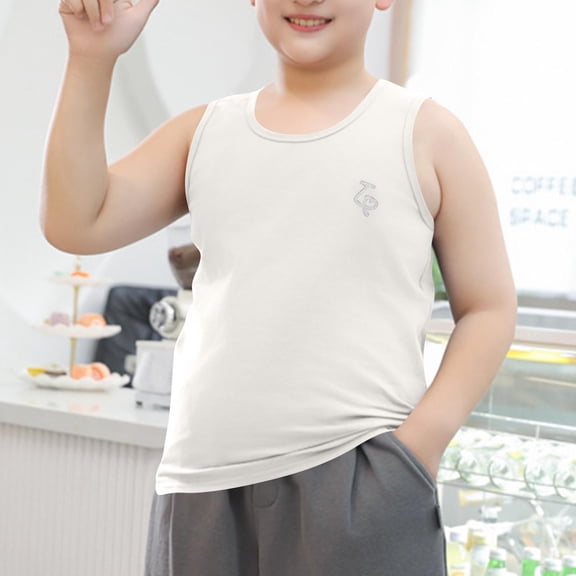 ITSAME Tank Tops for Boys, Cotton Crewneck Baggy Fit Summer Soft Comfortable Sleeveless Shirts for Kids White 12-13T