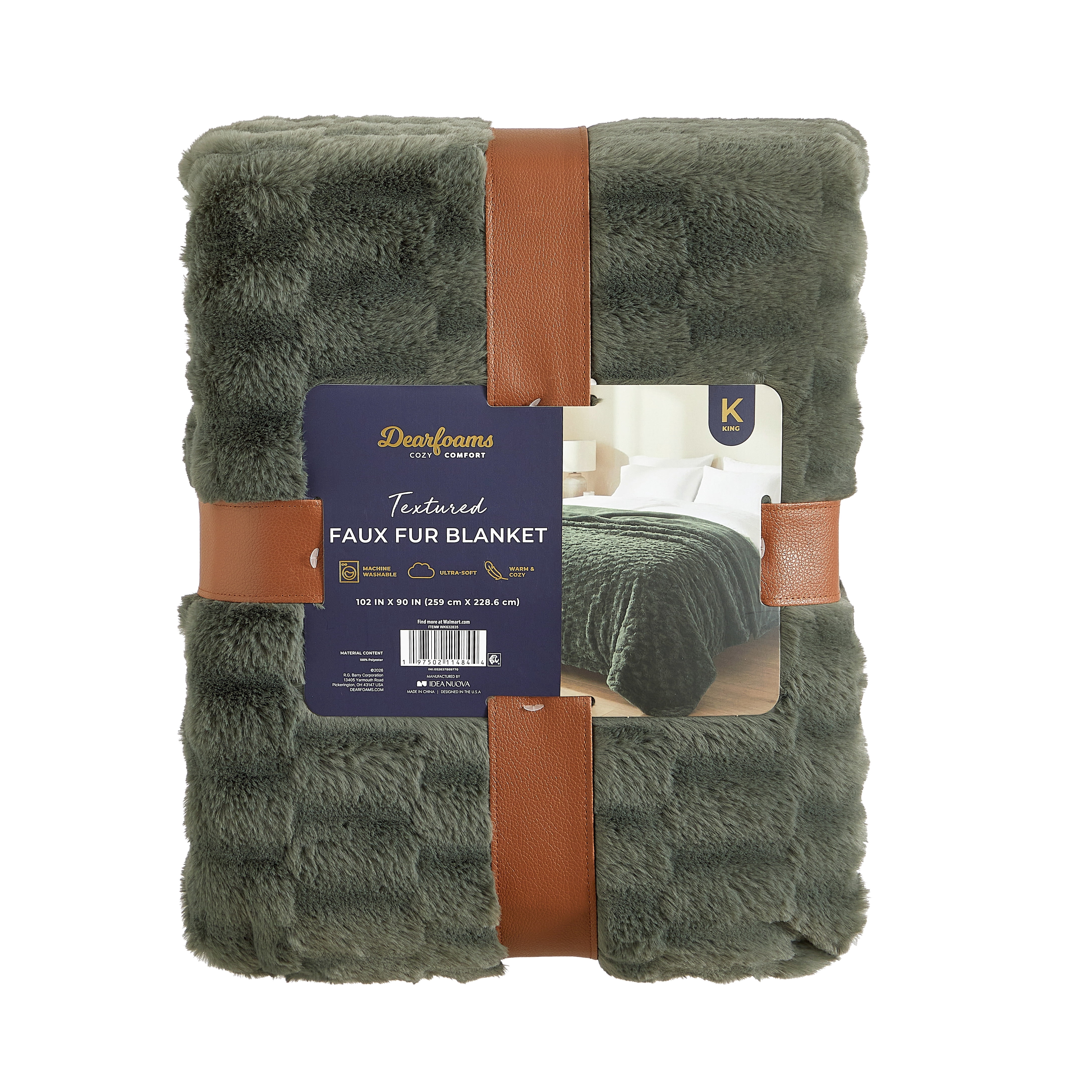 Dearfoams Textured Faux Fur Reversible Mink Bed Blanket, Green, King, 102 x 90 in