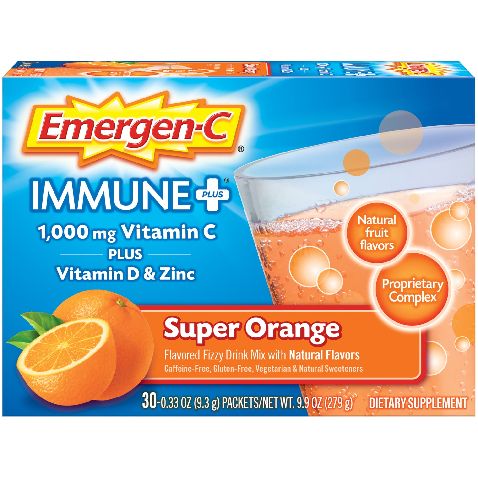 Emergen-C Immune Plus Vitamin C Supplement for Immune Support, Super Orange, 30 Ct