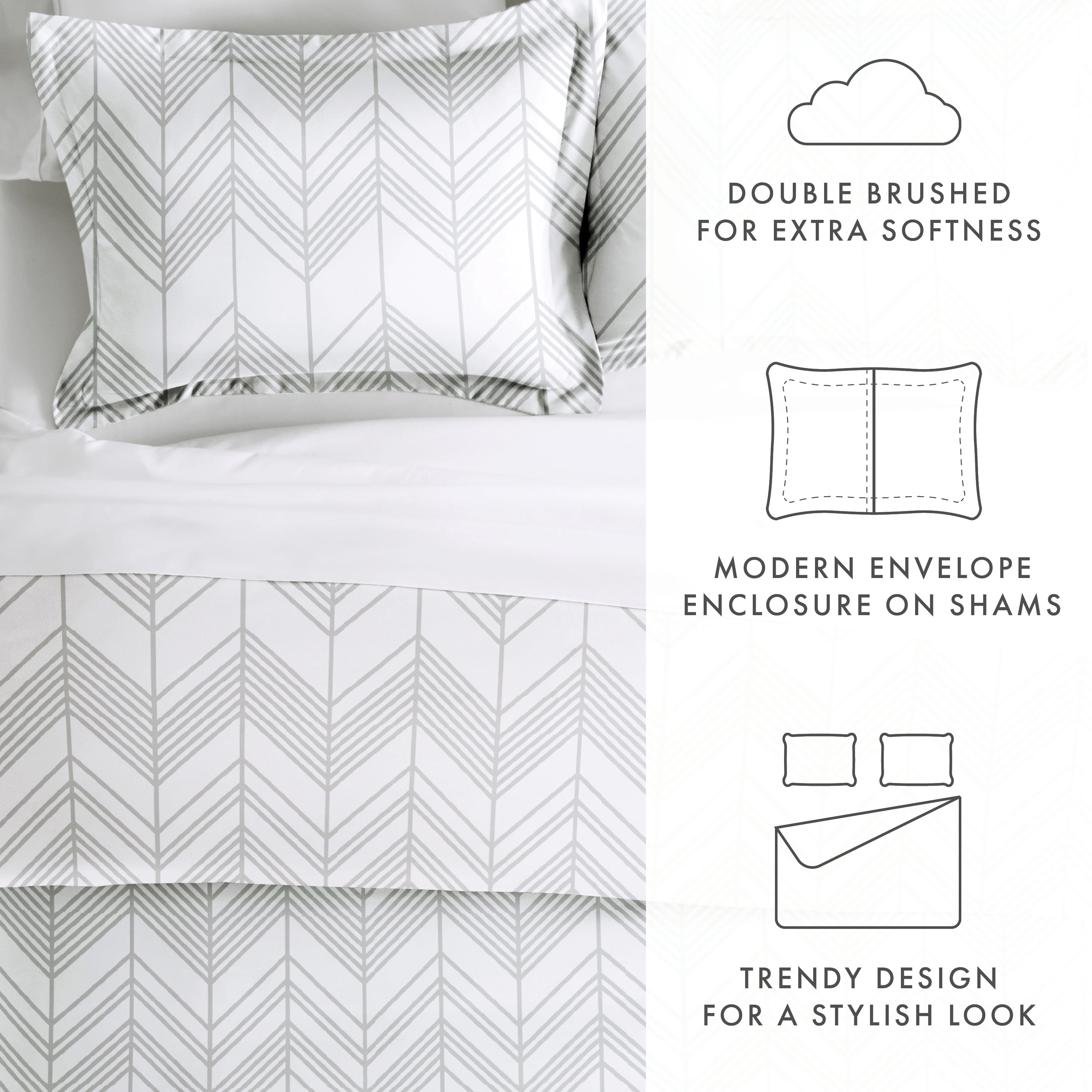 Noble Linens Light Gray Alps Chevron Pattern 3-Piece Duvet Cover Set, Full/Queen