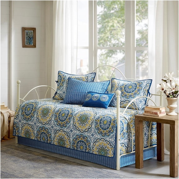 JERFIT 6-Piece Reversible Twin Daybed Set with Quilted Cover & Bedskirt, Blue Cotton Blend, Global Medallion & Striped Design