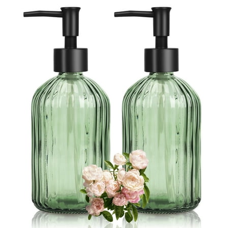2PCS Glass Soap Dispenser, 400ml /13.5OZ Refill Container Glass Soap Dispenser with Black Pump Head - For Hand Soap, Detergent, Shower Gel