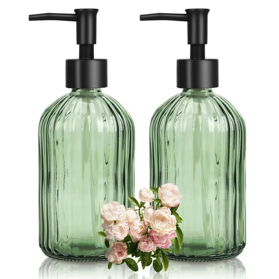 2PCS Glass Soap Dispenser, 400ml /13.5OZ Refill Container Glass Soap Dispenser with Black Pump Head - For Hand Soap, Detergent, Shower Gel