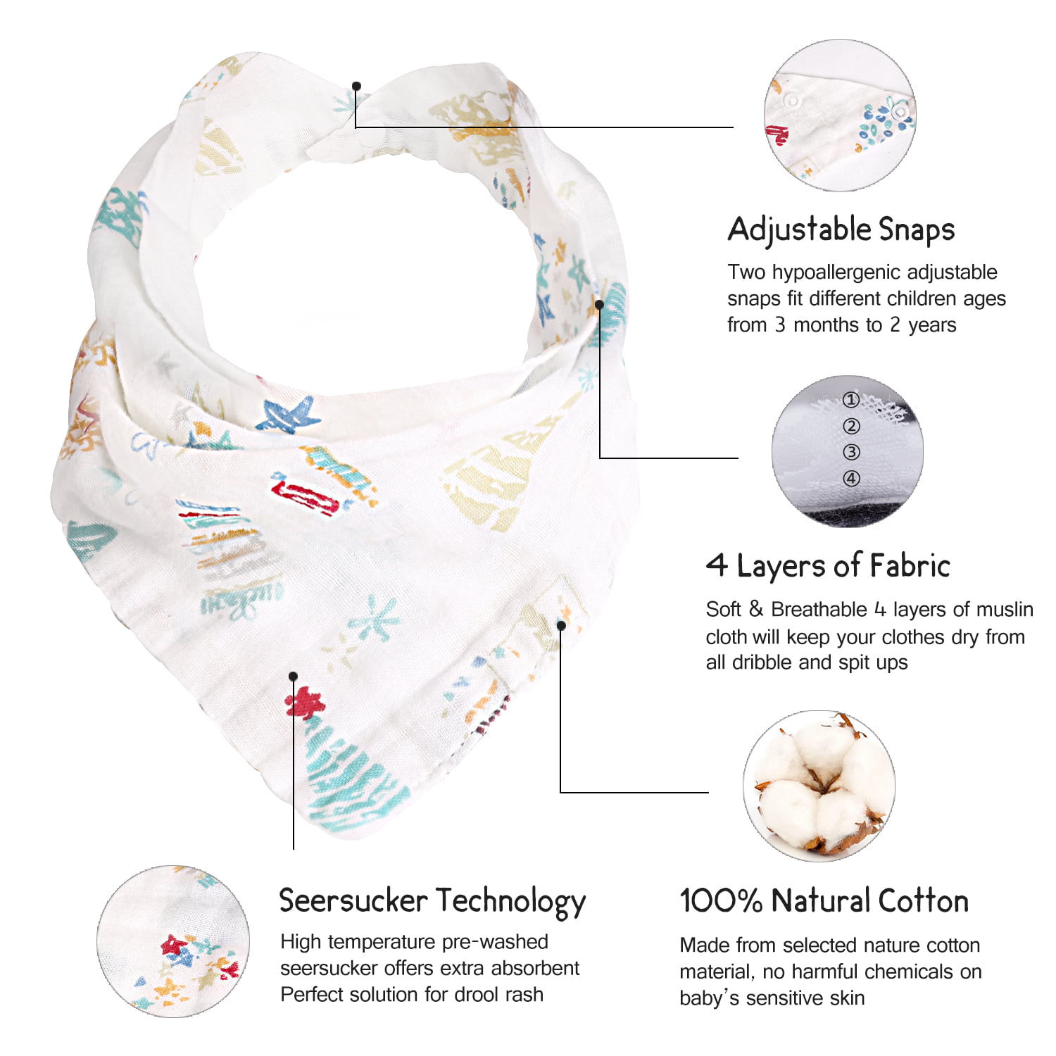 Muslin Baby Bandana Drooling Bibs Absorbent Adjustable Breathable Soft Bibs with Snap Closures Double Layer Cotton Scarf Bibs Keep Dry for Unisex Babies Newborns Infants Toddlers Heavy Droolers 