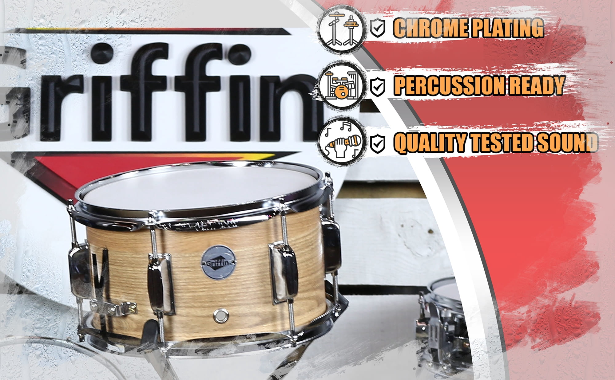 Popcorn Soprano Snare Drum by Griffin Firecracker 10" x 6" Poplar Wood Shell with Oakwood PVC Concert Percussion Musical Instrument with Drummers Key and Deluxe Snare Strainer Beginner & Professional