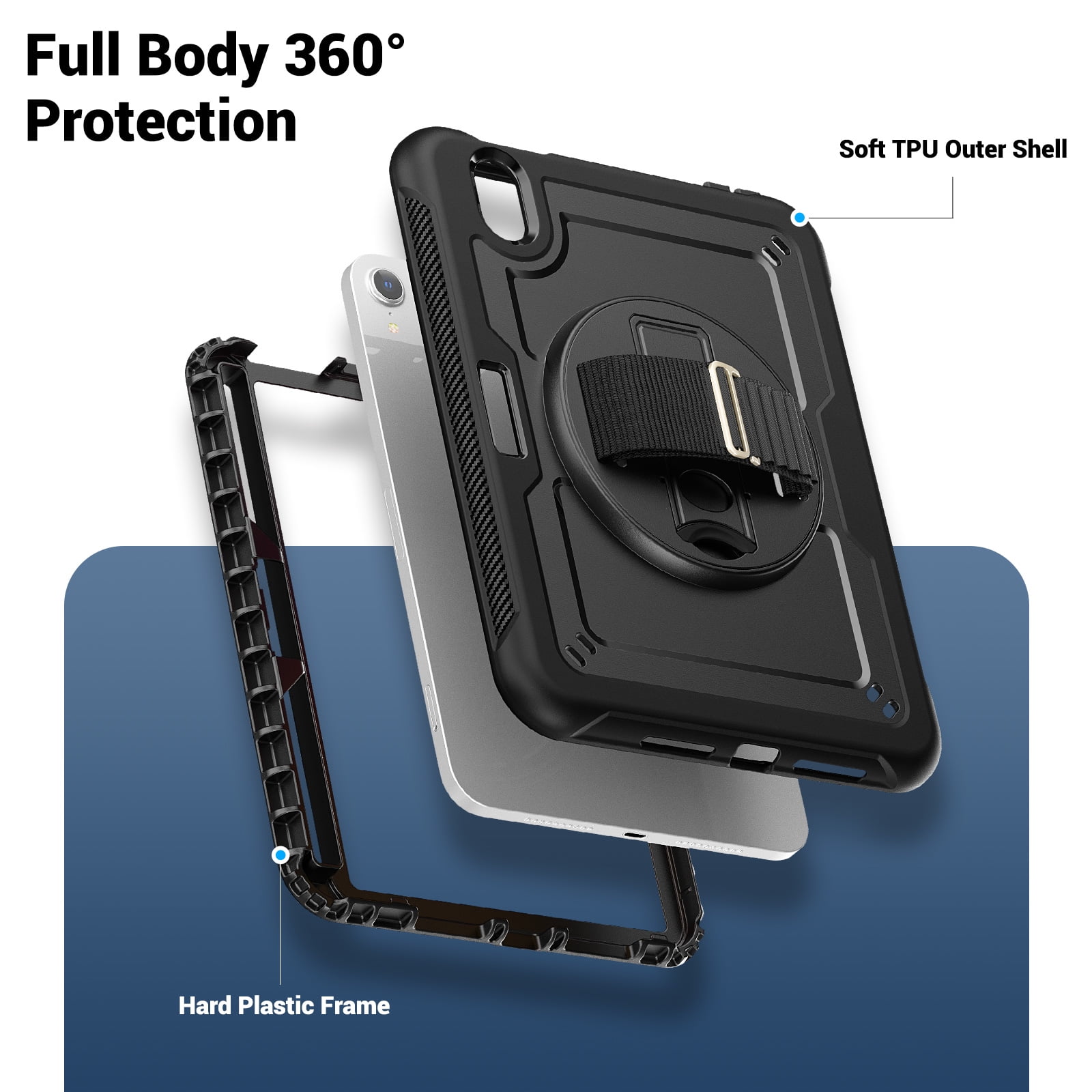 ELEHOLD Rugged Case For Apple iPad 11th(A16) 2025/10th Gen 2022,360 Rotating Stand Hand Strap Shoulder Strap Pencil Holder Full-Body Heavy Duty Shockproof Protective Case,Black
