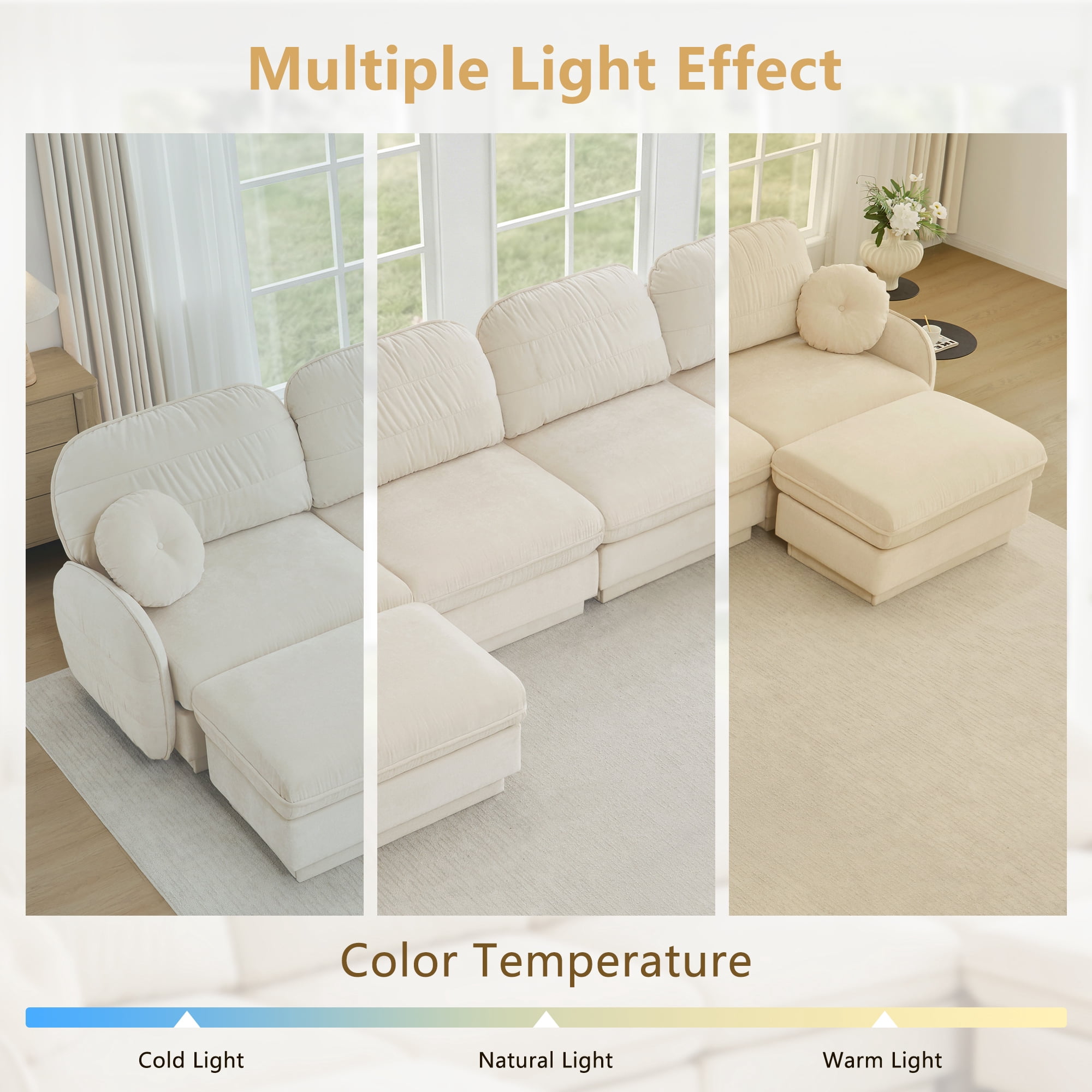 Chenille Modular Sofa with Ottoman, 3-Seater Deep Seat Cloud Couch, Convertible Sectional Sofa with Quilted Cushions & Round Pillows, Modern Sofa for Living Room, Apartment,Beige