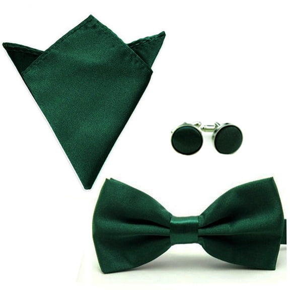 Men Solid Color Satin Bow Tie Bowtie Handkerchief Pocket Square Cuff Link Set