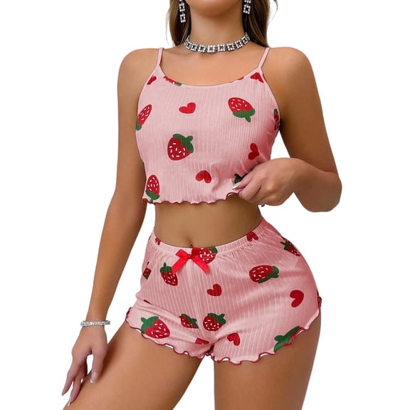 Womens Strawberry Print Pajama Set Summer Cute Crop Cami and Shorts Ribbed 2 Piece Lounge Sets Light pink L