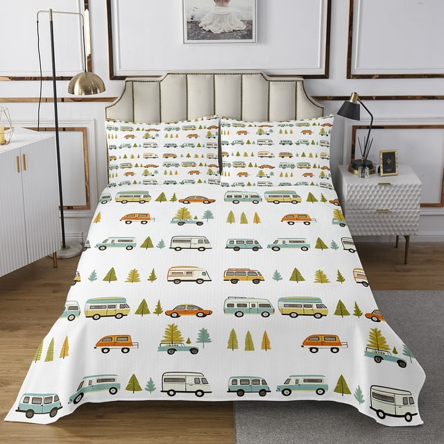 Erosebridal Happy Camping Coverlet Set King,Camper RV Car Bedding Set,Kids Room Decorative,3-Piece