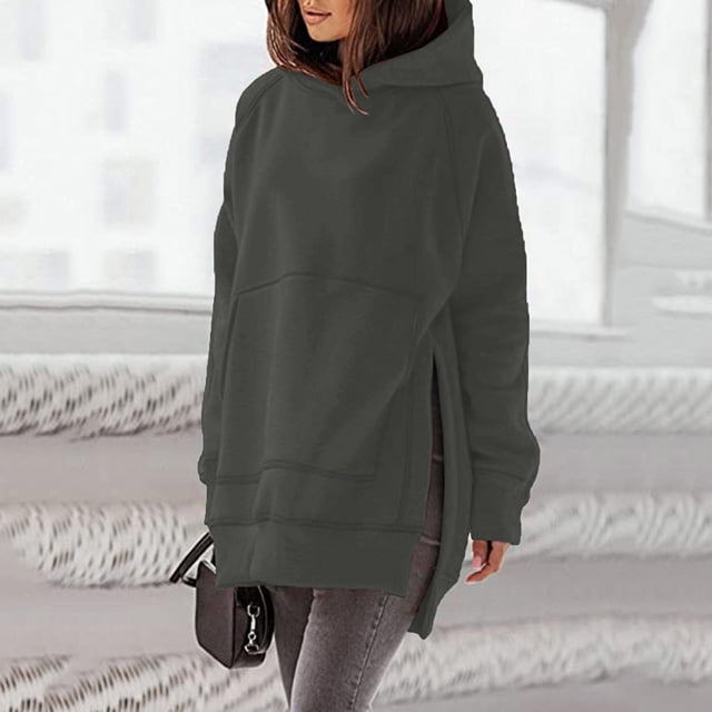 Meichang Sweat à Capuche Surdimensionné pour Femmes Manches Longues Raglan Décontracté Mode Fendu Côté Ourlet Haut Bas Pull Uni