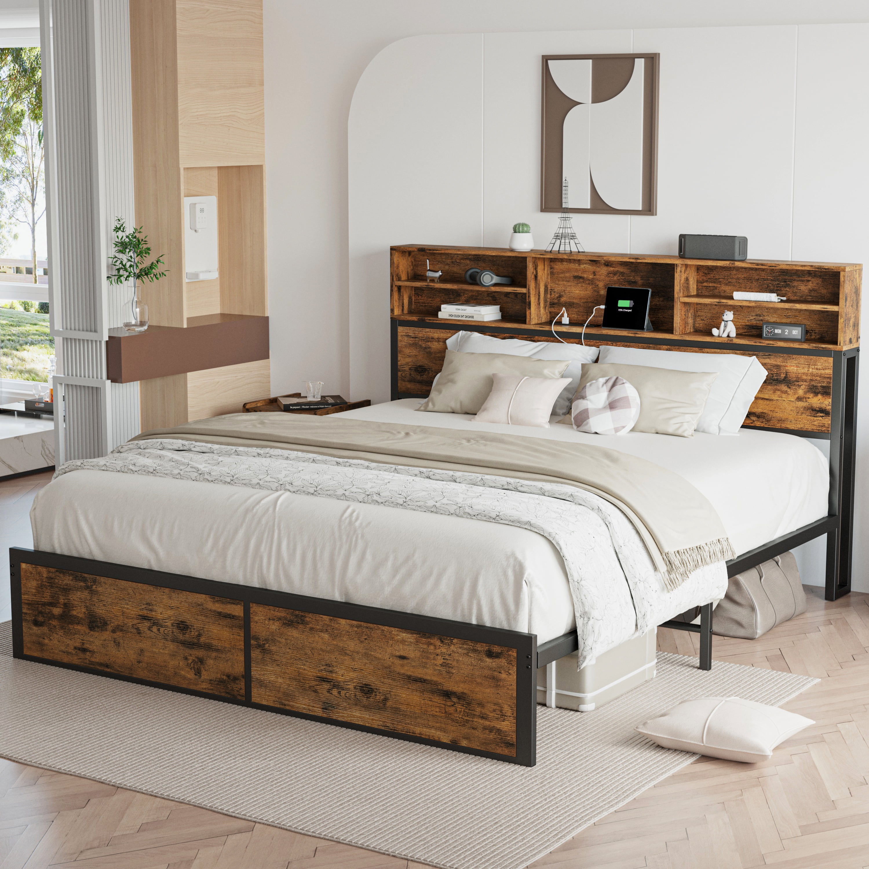 Likimio Queen Bed Frame With Tall Bookcase Headboard And Charging Station -  Walmart.Com