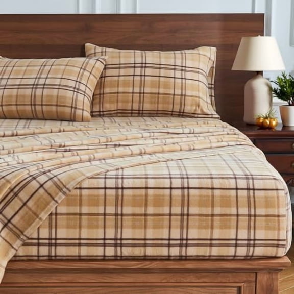 Flannel Sheets Queen Size, Plaid Sheets Double Brushed, Camel Beige Plaid Warm Bed Sheets Winter Fuzzy Bedding