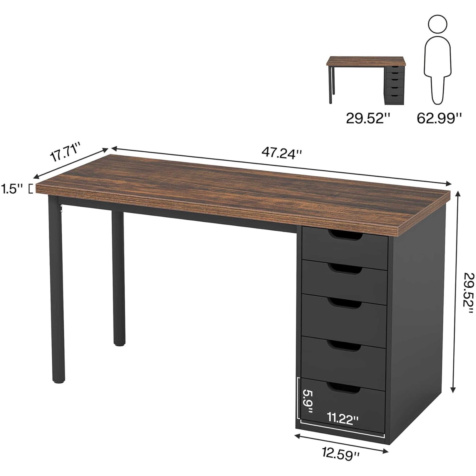KIOOTTO 47" Computer Desk with 5 Drawers, Reversible Storage Cabinet and Compact Home Office Workstation, Brown