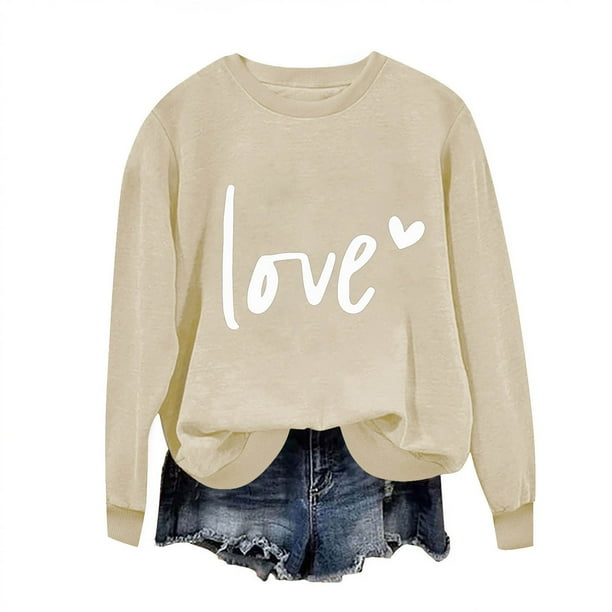 Penkiiy Día de San Valentín Sudadera para Mujer Lindo Amor Camisetas Corazón Casual de manga larga Camiseta de San Valentín Ropa Tops L Khaki