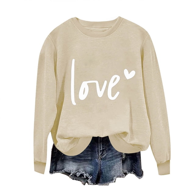 Penkiiy Día de San Valentín Sudadera para Mujer Lindo Amor Camisetas Corazón Casual de manga larga Camiseta de San Valentín Ropa Tops M Khaki