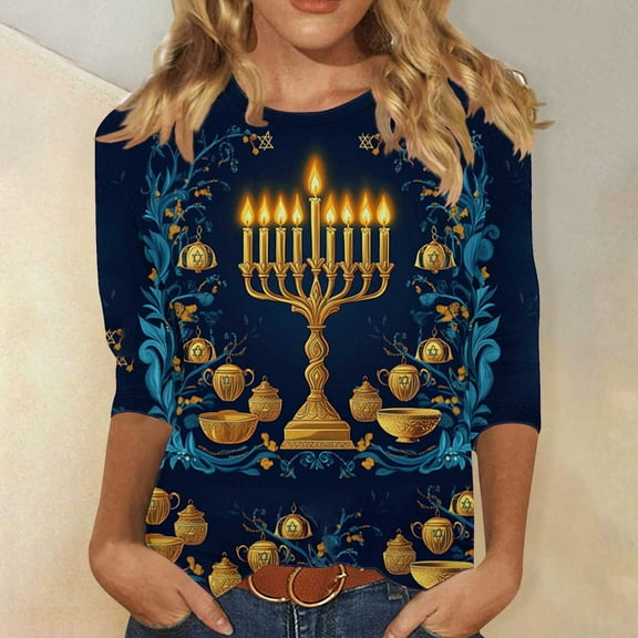 Qulqfy Happy Hanukkah Shirts for Women Plus Size Funny 3/4 Sleeve Tops Party Novelty Crew Neck Chanukah Menorah Tops Blouses for Women L