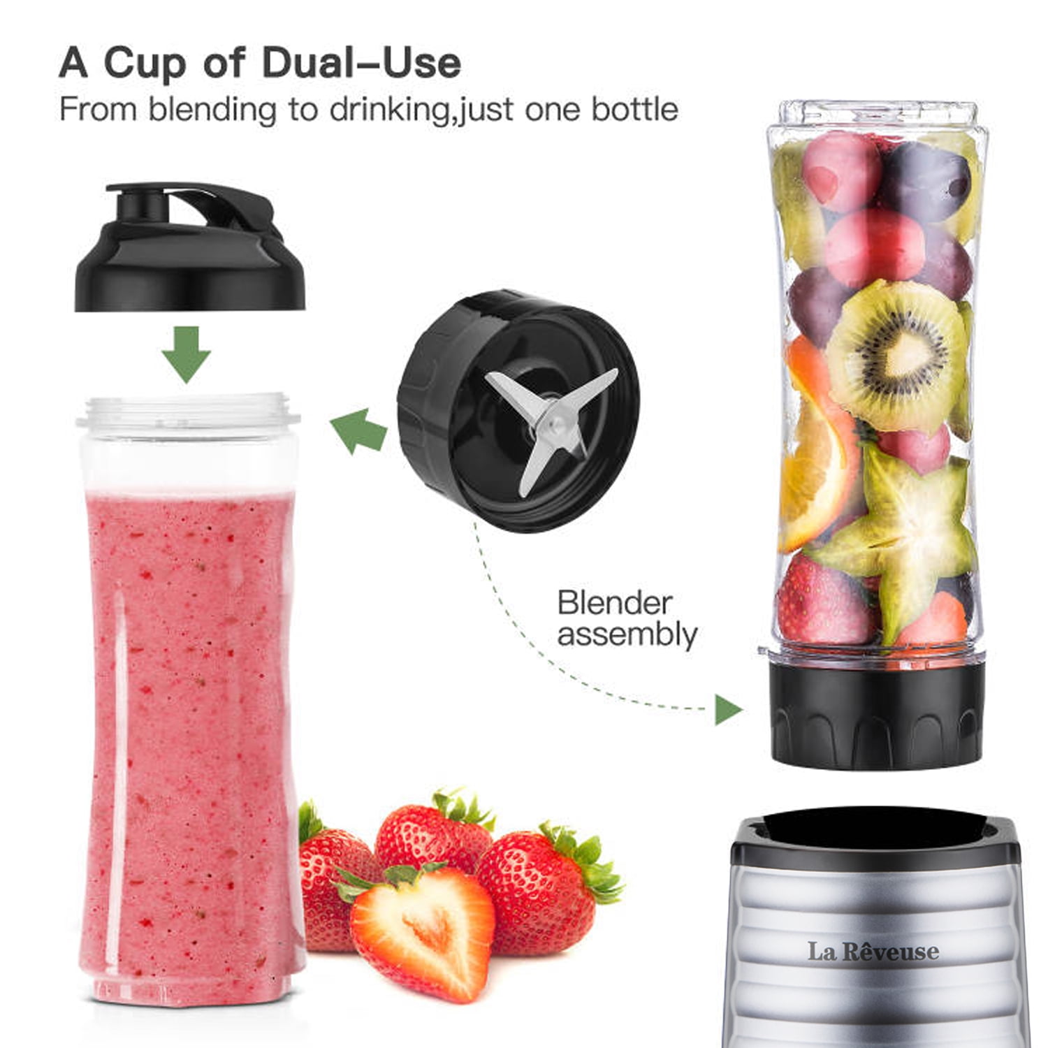 La Reveuse Smoothies Blender 300 Watt with 18 oz BPA Free Portable Travel Sports Bottle(Silver)