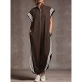 thumbnail image 2 of Women'S Zipper Stand Collar Striped Color Block Fashion Long Jumpsuit Casual Chic One-Piece Outfit Brown XL, 2 of 5