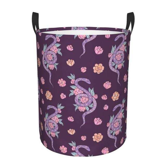Balery Snake And Flower Cesta de ropa redonda con asas, impermeable, independiente, para ropa, juguetes, dormitorio y familia-Medium