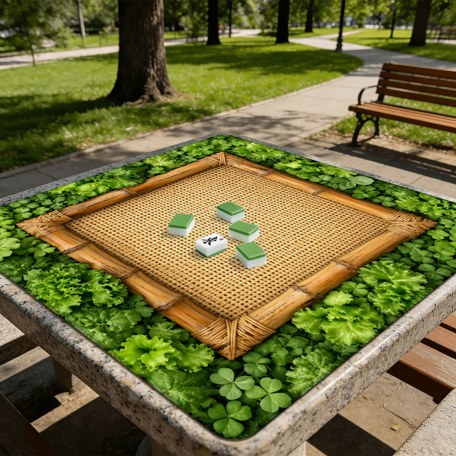 Mahjong Mat 31.5" x 31.5" Bamboo Framed Rattan Weave Green Floral Non-Slip Noise Reduction American Mahjong Tiles Table Cover for Dominoes Poker Card Board Games Gift